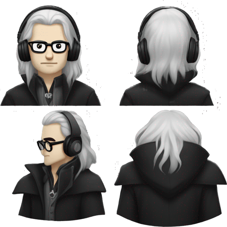 long haired pale vampire man, long black hair, big headphones and glasses VAMPIRE teeth and coat, clear visible face emoji