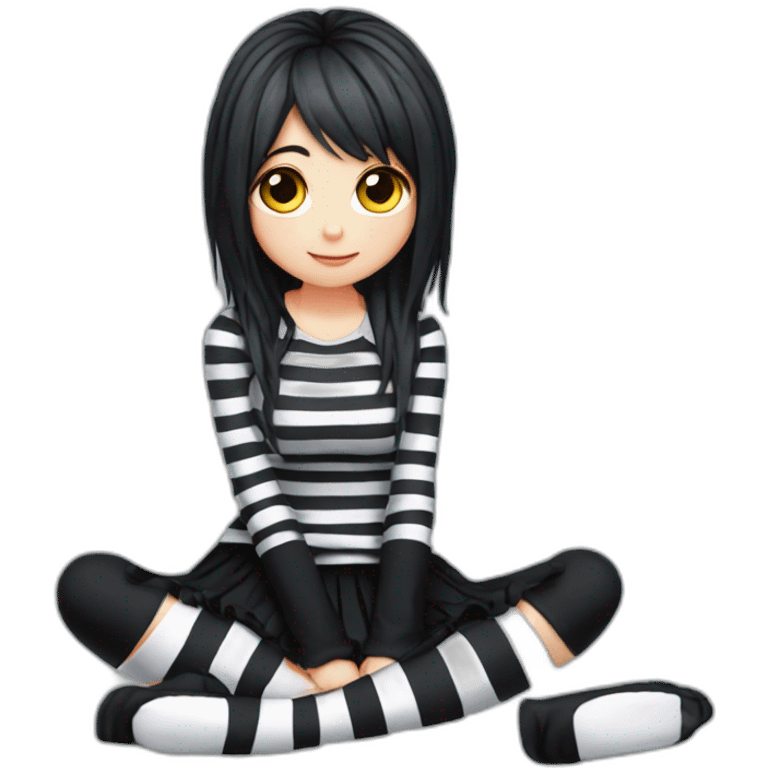 Full body Front view curvy emo girl sits on the floor straight view hands up black skirt striped stockings emoji