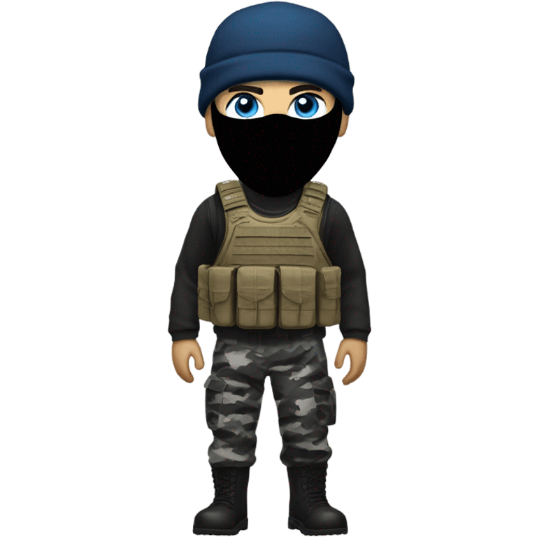 White male, call of duty black mask, camo tactical gear, camo pants, combat boots, black beanie, blue eyes emoji