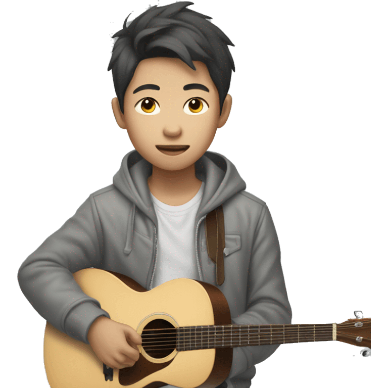 korean boy in unbuttoned grey hoodie jacket playing guitar  emoji