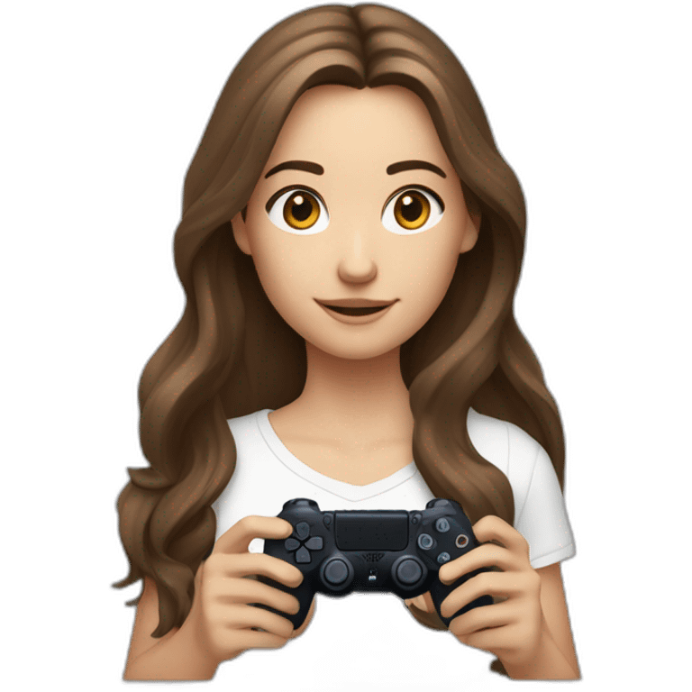 Caucasian Girl with long Brown hair holding a playstation 4 controller turned to her looking at a screen emoji