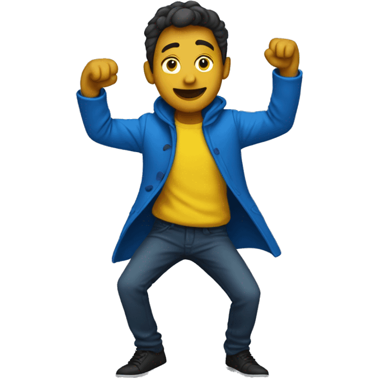 HALF BODY GUY WITH BLUE COAT AND YELLOW INNER SHIRT SHOWING HIS DANCE MOVES emoji