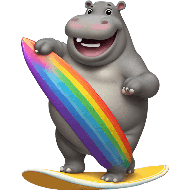 Fat hippo riding surfboard over a rainbow  emoji