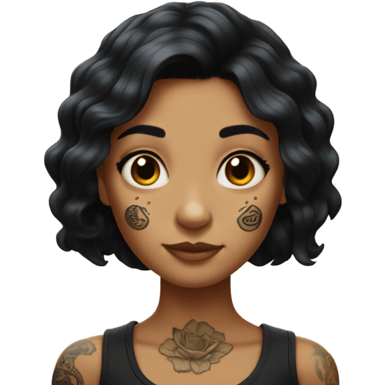 Hyperrealistic tan girl with black hair arm tattoos emoji