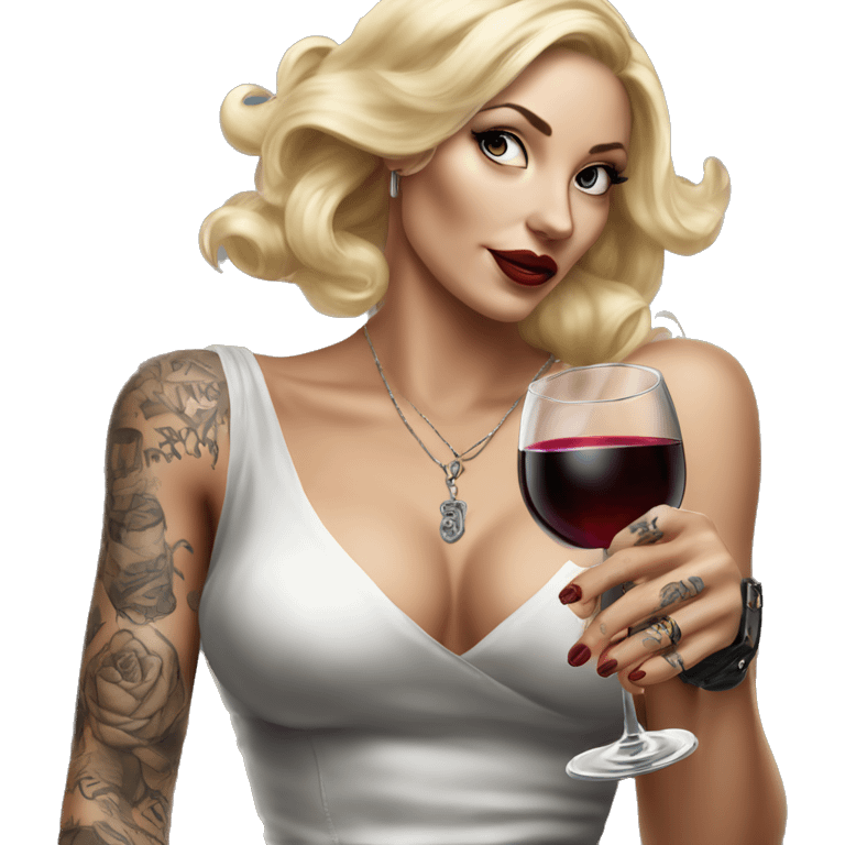 Blonde elegant women, her body covered with tattoos, wine in her one hand, pointing on you with her other hand , Hyper realistic emoji