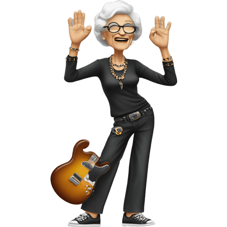 stylish rocker elderly woman making the rock’n’roll gesture emoji