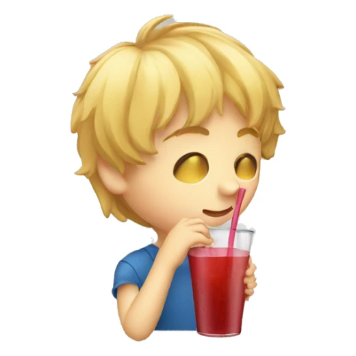 A blonde boy sucking or drinking juice with a straw while his hand is holding the drink, profile view sticker