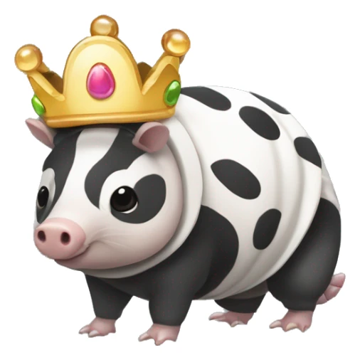 Black and white piebald chubby round armadillo pig panda centipede armadillo wearing a crown sticker