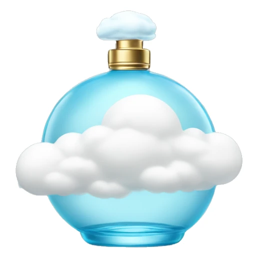 light blue round perfume bottle with large white cloud decoration at its base sticker