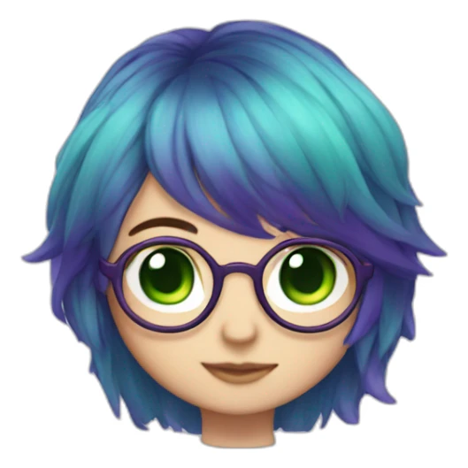 chibi, short blue and purple hair, green eyes, glasses sticker