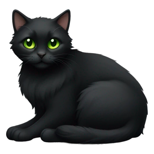 Black extra furry cat fully body laying down with green eyes sticker