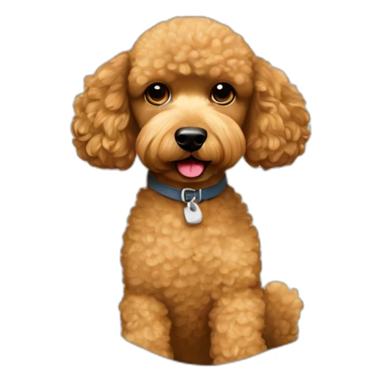 Light brown poodle seated and wearing a t-shirt with Eddie Vedde’s face printed sticker