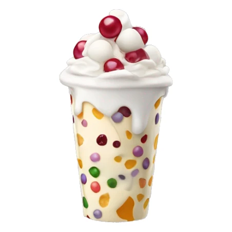 Frozen yogurt cup with popping boba pearls and cheesecake squares sticker