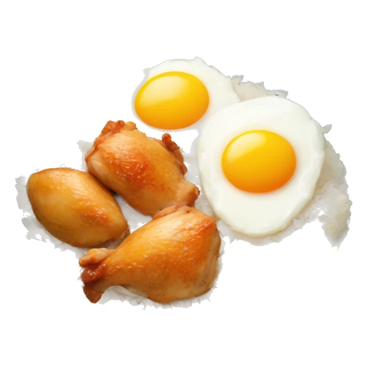 a bowl of rice with two eggs and chicken thigh sticker