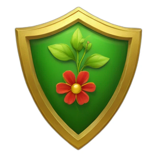 green shield with a gold border and a sprouting gold and red flower at the centre sticker