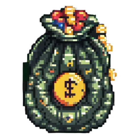 pixel art money bag with coins around sticker