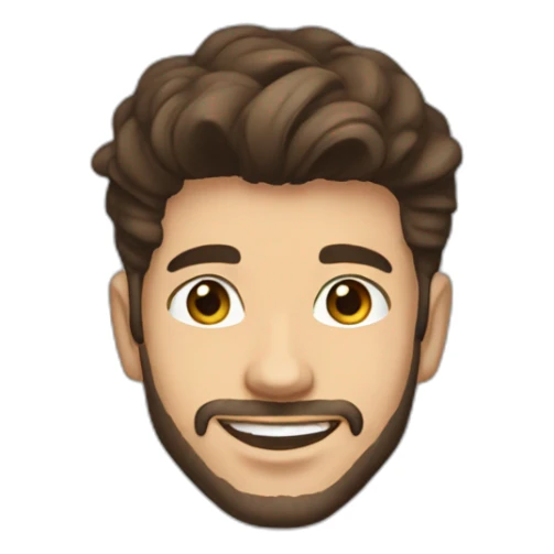 young man with short beard smiling medium long rockabilly style brown hair with light skin and dark brown eyes wearing black sweatshirt hoodie sticker