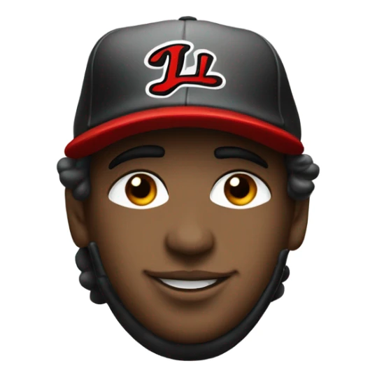 Baseball player with flow and a red and black hat with an cursive L on it sticker