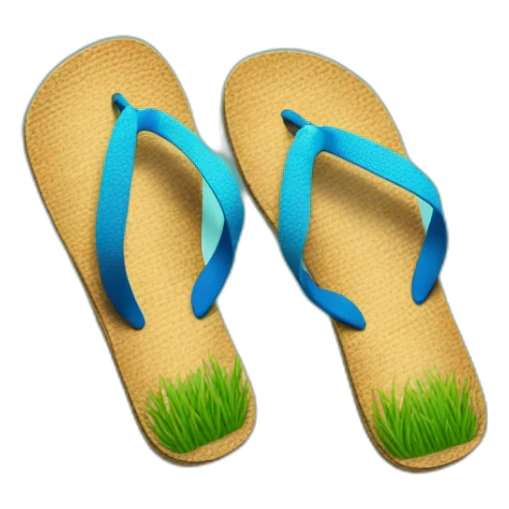 flip flops with grass texture all along the top, with a blue strap and post sticker