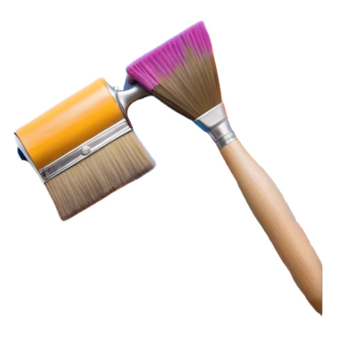 Create an icon that represents the hobby of wall painting, featuring a wall with a beautiful painting in progress. The design should include a paintbrush, a roller, and part of the wall decorated with colorful patterns or a mural. The icon should show the process of creating the artwork, with the brush strokes visible on the wall, symbolizing the artistic nature of the craft. The composition should be balanced and harmonious, evoking creativity and skill. The background should be transparent. sticker