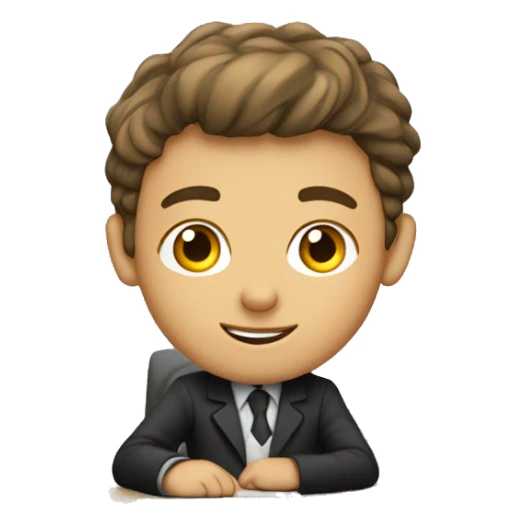 European schoolboy sitting at desk,  computer on desk sticker