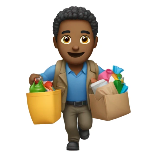 a man collects a bunch of things and runs sticker