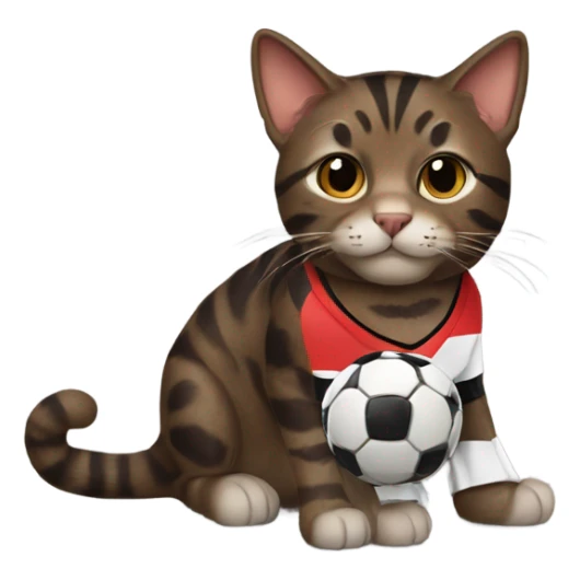 Dark brown tabby cat wearing a soccer jersey sticker