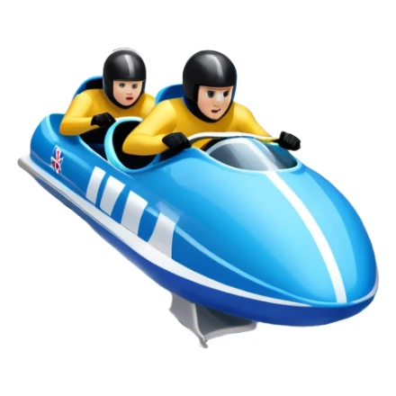 An icon featuring a sleek bobsled with athletes racing down an icy track at high speed, helmets on and bodies aligned for aerodynamics. The scene is set in a stunning snowy mountain valley with pine trees, spectators, and crisp blue sky. Transparent background captures the thrill of bobsleigh. sticker