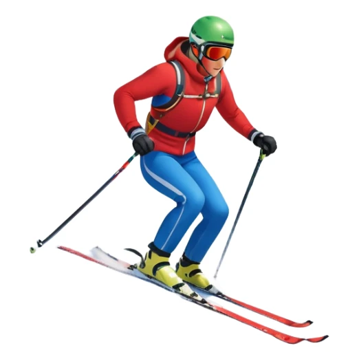 An icon featuring snowy peaks, pine trees, and a picturesque mountain landscape with a skier racing down a snow-covered slope. The sky is blue with soft clouds, capturing the thrill and beauty of alpine skiing. Transparent background highlights the excitement and serenity of winter sports. sticker