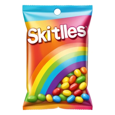 An extremely minimalist Skittles package, simple rainbow stripe design with a few green candies. Very clean and simplified. sticker