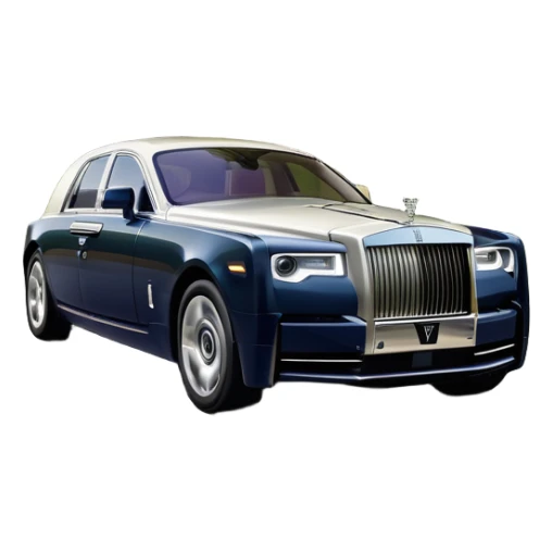 Rolls-Royce Phantom (2022) – cinematic-realistic Rolls-Royce Phantom emoji, its polished silver frame glistening under the sun as it glides down a winding, tree-lined road. The iconic Spirit of Ecstasy hood ornament stands proudly, the V12 engine hums silently  sticker