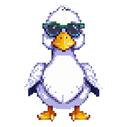 pixel art style duck inspired by the DuckDice logo, wearing sunglasses, playful pose sticker