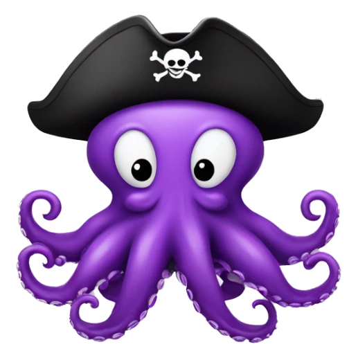 A purple octopus wearing a pirate hat, has a mustache, headshot only, is smiling sticker