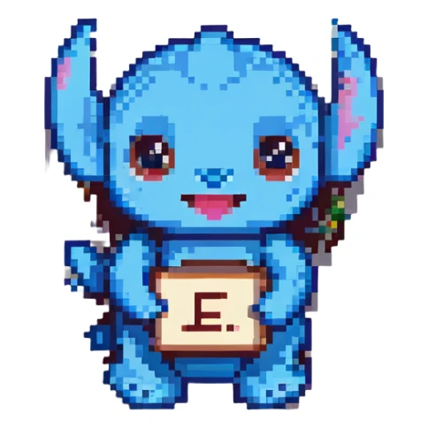 Stitch holding the name JANE in his hands, pixel art style, white background, happy expression sticker