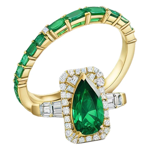 Gold ring with emerald cut diamond in middle and green gem pear cut side stones sticker