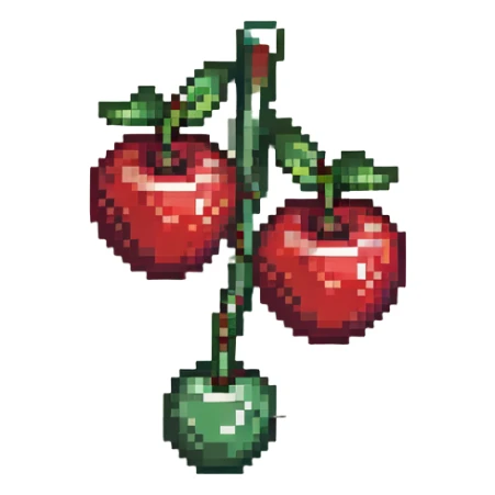 Pixel art of two red cherries with green stem sticker