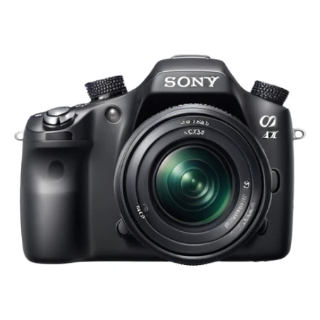 DSLR camera, Sony Alpha DSLR-A230, professional black camera with lens sticker