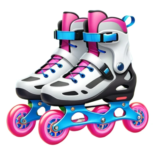 An icon featuring a pair of colorful rollerblades placed on a smooth path. The background showcases a picturesque park with lush greenery, blooming flowers, and a clear blue sky with soft clouds. The bright sunlight adds a cheerful touch to the scene. Transparent background sticker