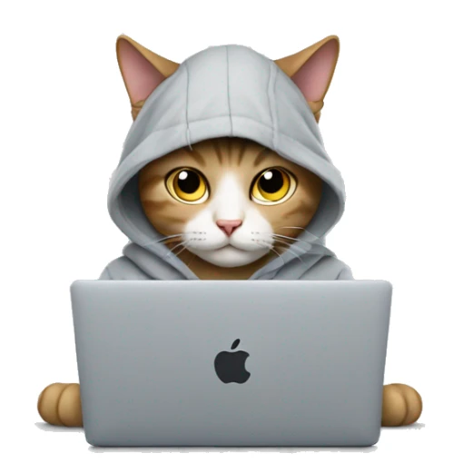 cat with hoodie and a macbook sticker