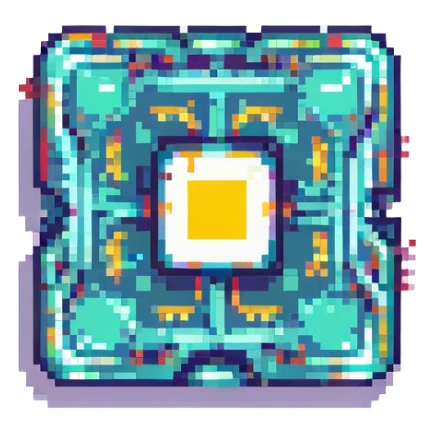 pixelated AI chip with sparkles, pixel art style, futuristic technology theme sticker