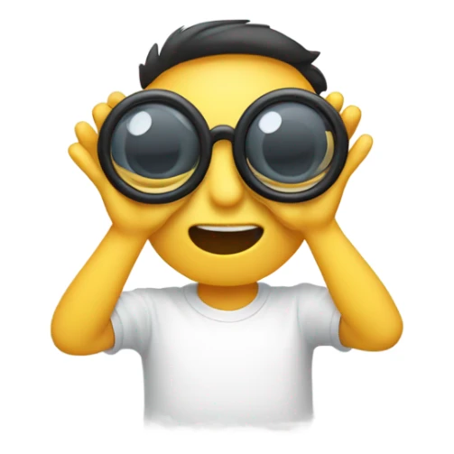 An emoji face making a 'glasses' gesture by forming circles with both hands and placing them around the eyes, resembling binoculars or playful glasses sticker