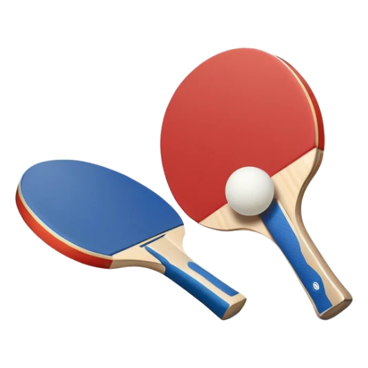 Two table tennis paddles crossed over a ping pong ball, placed on a smooth, reflective table. The background suggests a clean, minimalist playing surface, capturing the precision and fast-paced nature of the sport. sticker