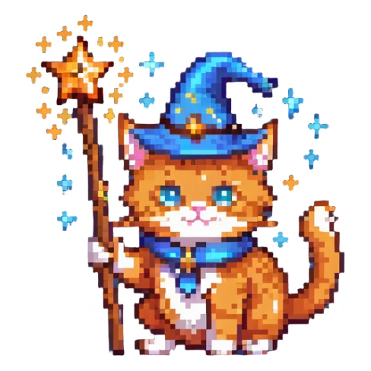 Orange cat with wizard hat and magic wand with sparkles sticker