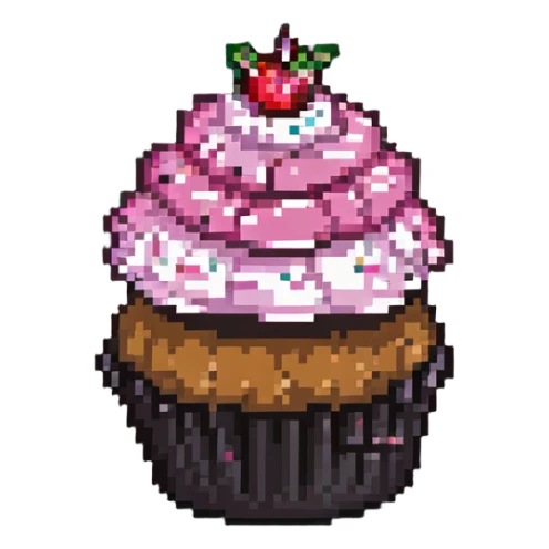 pixel art cupcake with pink icing and a bite taken out sticker