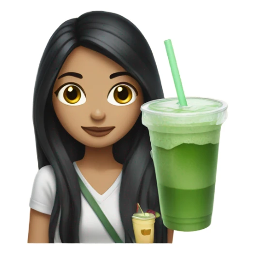 girl with long black hair and an iced matcha sticker