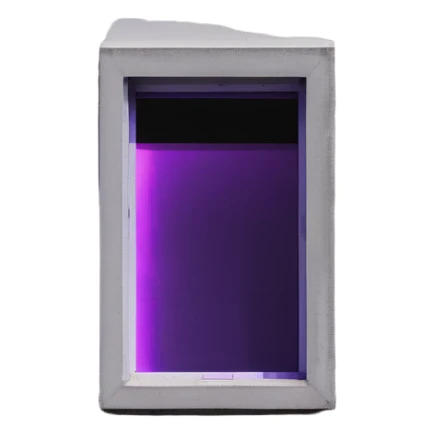Minimalist gray concrete panel building, slight ghetto vibe, one window with bright purple ultraviolet light for growing plants, simple rectangular shape, stark and bare sticker
