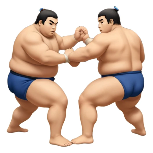 Two sumo wrestlers in a classic dohyo ring, each displaying powerful stances and ready to engage in a fierce match. One wrestler attempts a pushing attack, while the other counters with a thrust. The background shows the traditional sumo arena and spectators. Transparent background. sticker