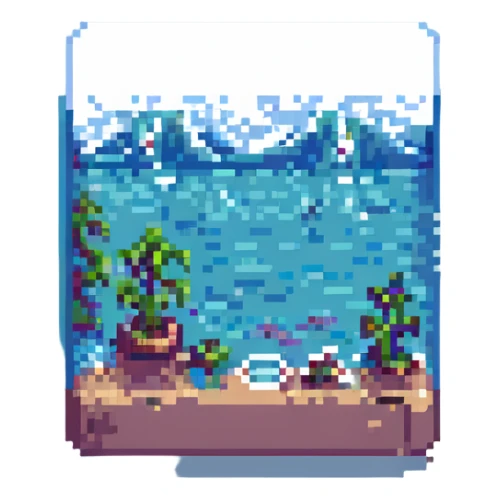 sea with retro video game pixel art style, simple waves, classic 8-bit look sticker