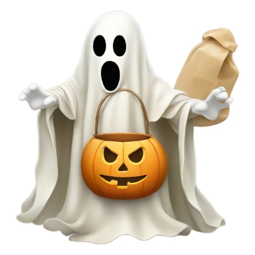 Ghost holding beige trick or treat bag sticker