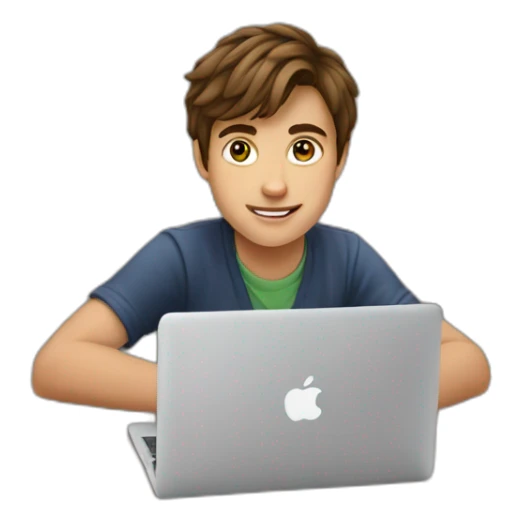 A 19 years old kid with brown hair using a MacBook on a table sticker